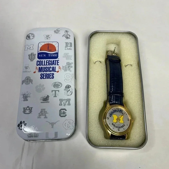 Sun Time Michigan Wolverines NCAA Watch Musical Series Gold Tone Blue Band - Picture 2 of 6